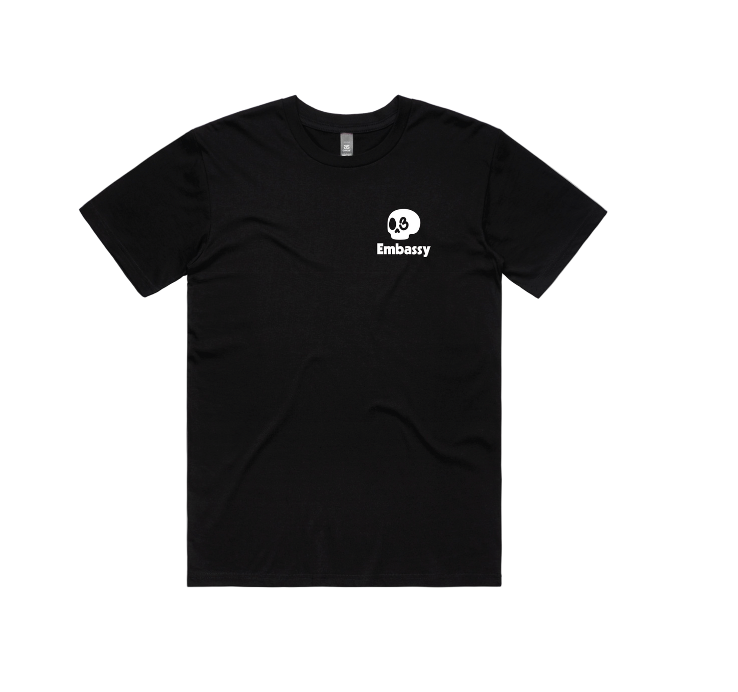 Black t-shirt with Embassy logo on a white background