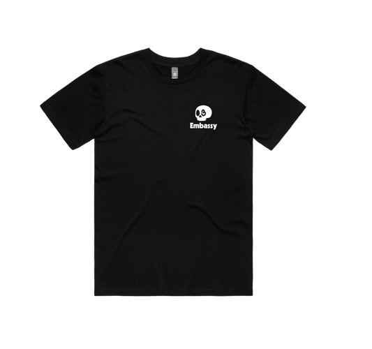 Black t-shirt with Embassy logo on a white background