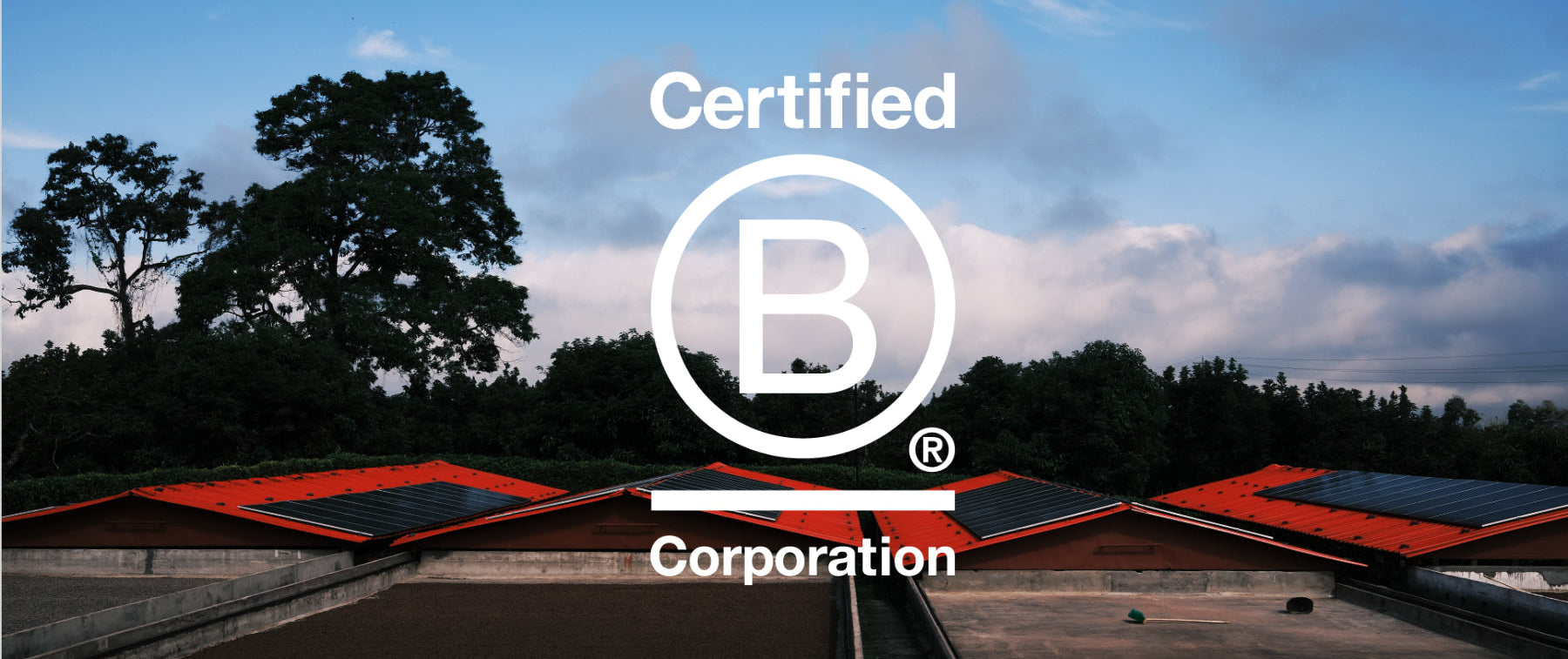 Solar panels on a roof with a Certified B Corporation logo against a blue sky.