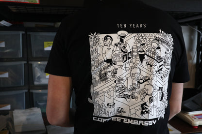 Ten Years of Coffee Embassy Tee - White on Black