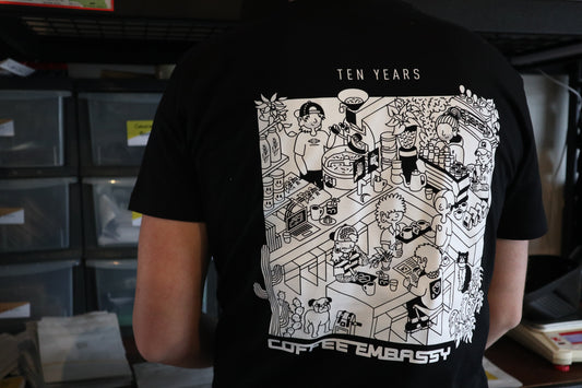 Ten Years of Coffee Embassy Tee - White on Black