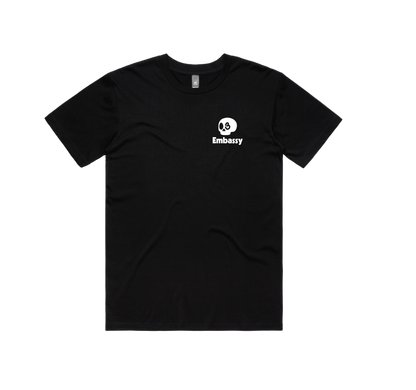 Black t-shirt with Embassy logo on a white background