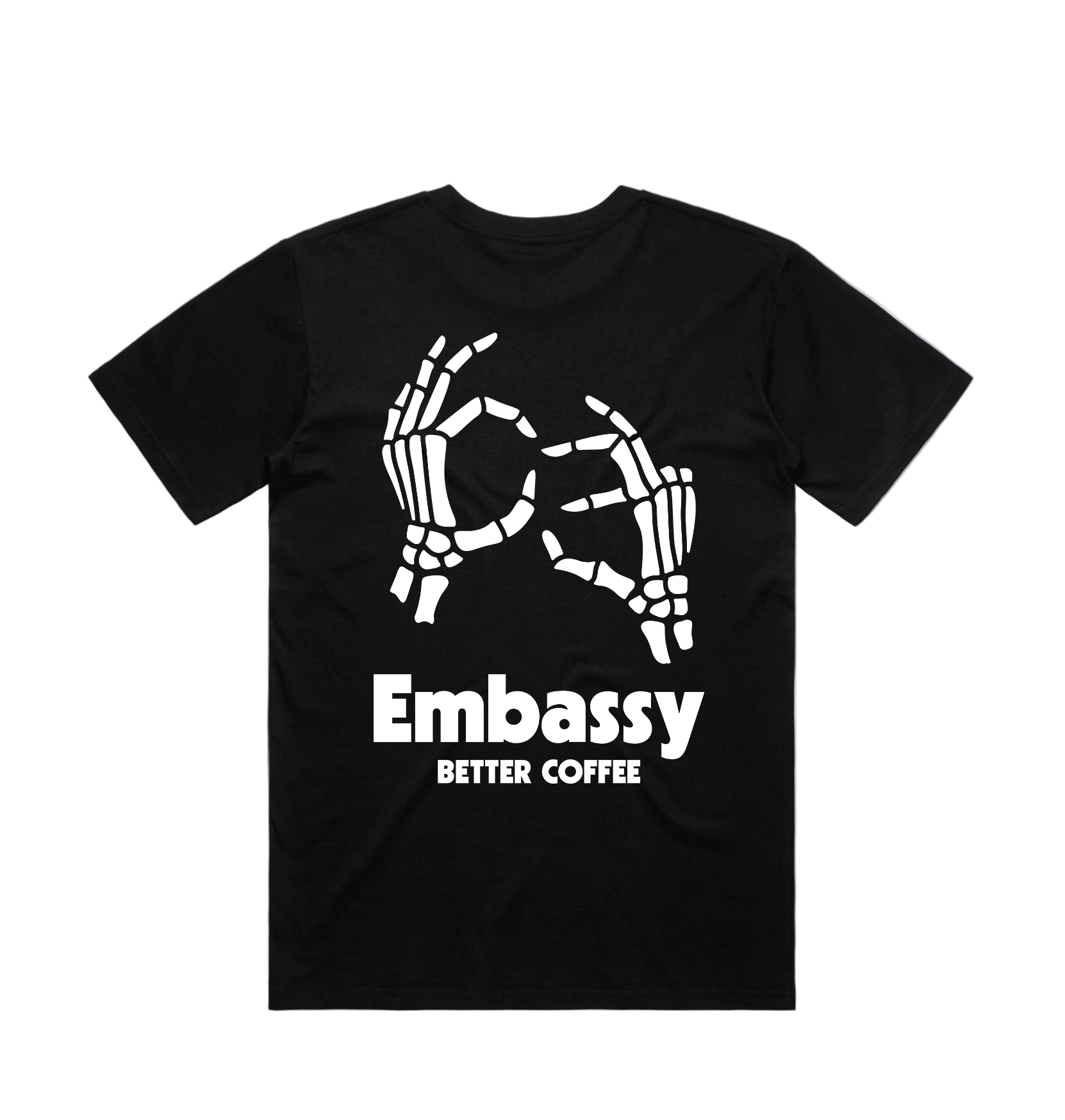 Black t-shirt with white graphic design and 'Embassy Better Coffee' text on a white background