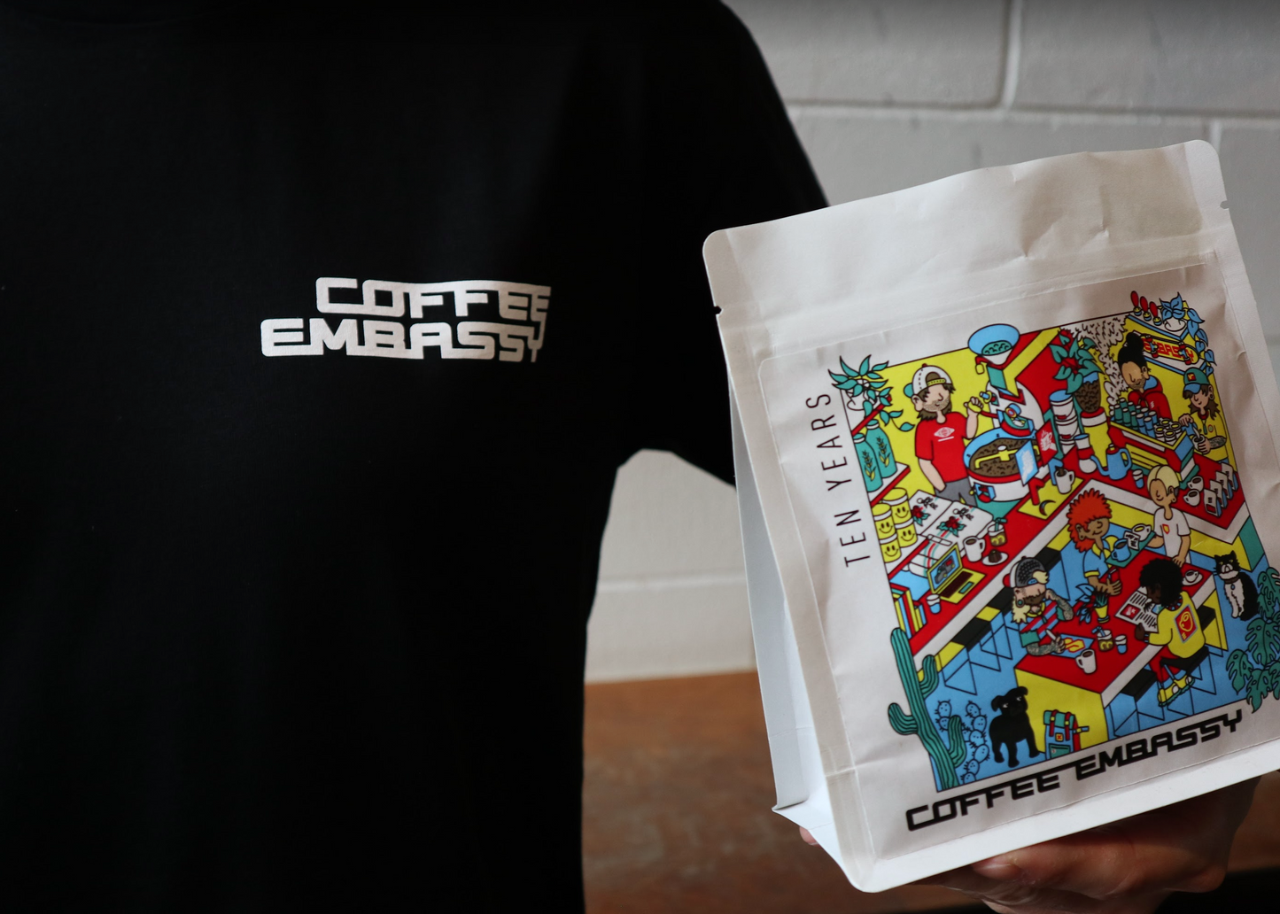 Ten Years of Coffee Embassy Tee - White on Black